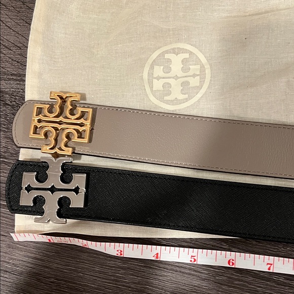 2 Tory Burch Black and Brown Belts with Metallic Logo Buckles both reversible - Picture 8 of 11